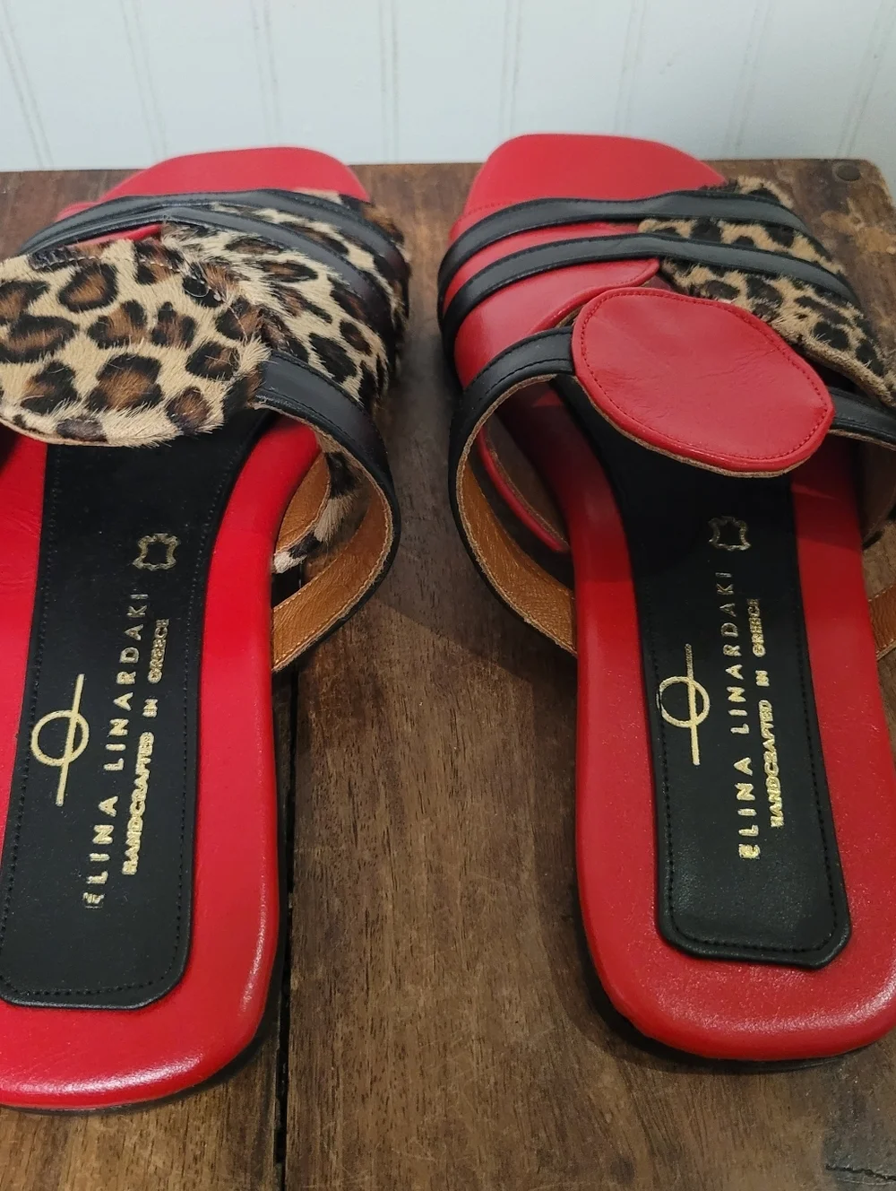 Elina Linardaki Lucia Red Leather Leopard Calf Hair Slide Sandals EU 40 US 9